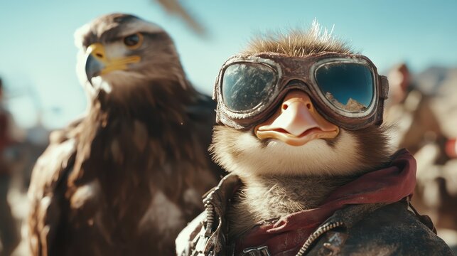 A stylish bird wears vintage goggles, juxtaposed with a powerful eagle in a desert setting, embodying a mix of elegance and wild strength.