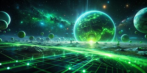 Futuristic Green Sci-Fi Landscape with Glowing Particles and Holographic Elements for Digital Space Exploration