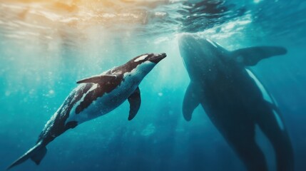 Obraz premium Two dolphins gracefully swim together beneath the ocean’s surface, embodying harmony, freedom, and the serene beauty of marine life and natural wonders.