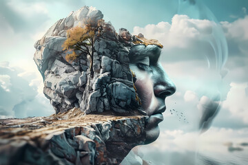 Fototapeta premium A surreal blend of nature and the human face, showcasing a rocky landscape emerging from a contemplative profile, with soft clouds in the background.
