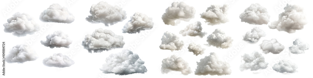 Poster set of abstract fluffy clouds isolated on transparent background, cumulus clip art