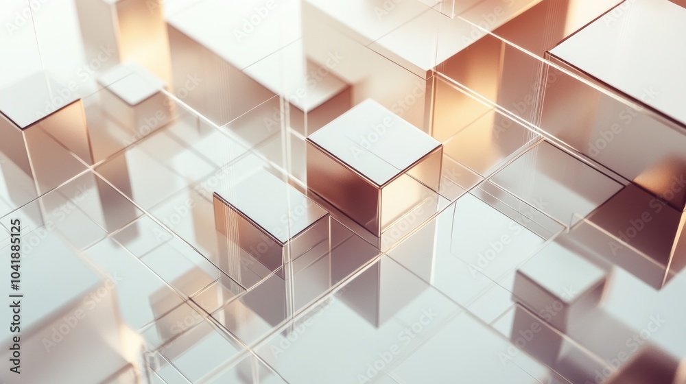 Poster Several transparent cubes of different sizes and shades are interconnected by diagonal lines against a soft light background. Generative AI