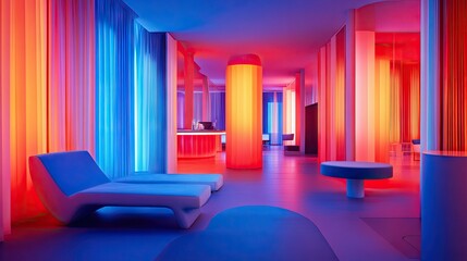 A room with bright neon lighting in shades of red and blue, giving a vibrant glow to the walls. The modern furniture adds to the sleek vibe. --chaos