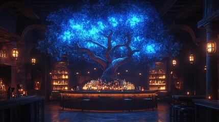 Glowing Mangrove Tree in a Dimly Lit Bar Setting