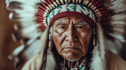 Obraz premium A dignified elder poses, wearing a feathered headdress, his serious expression communicating age-old wisdom, cultural identity, and resilience.