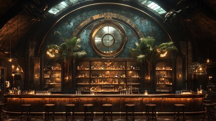 Fototapeta premium Luxurious Steampunk Bar Interior with Phosphorescent Glow