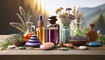 Aromatherapy with essential oils and healing crystals Serene atmosphere.