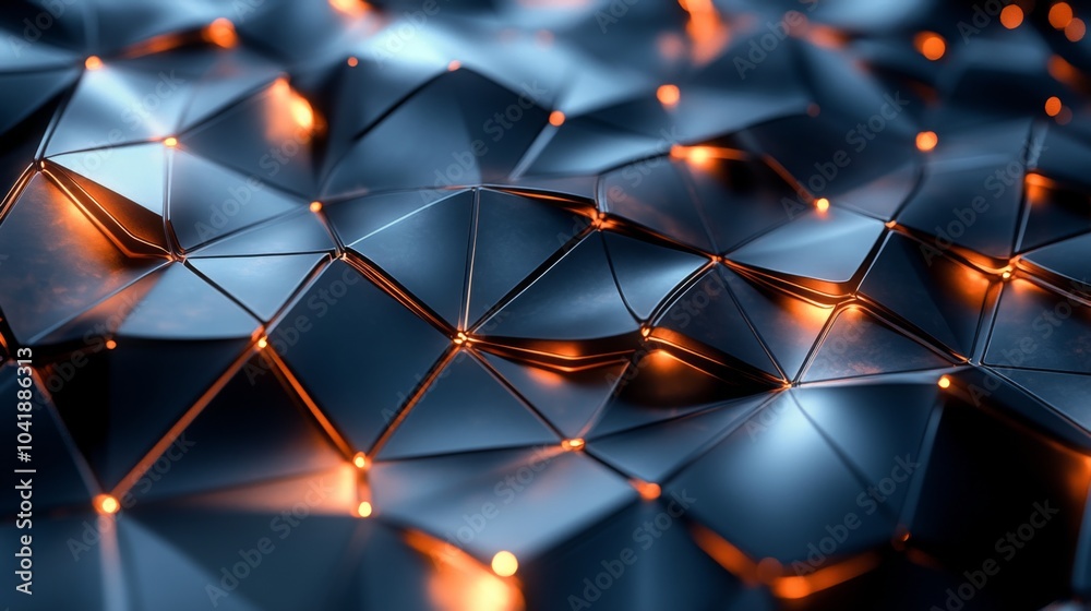 Aufkleber A dynamic arrangement of angular shapes creates a textured surface, illuminated by soft glowing lights, set against a dark backdrop. This design evokes a sense of depth and modernity.
