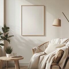 A white framed picture hangs on a wall. A chair is in front of the picture. A lamp is on the table. A potted plant is on the table