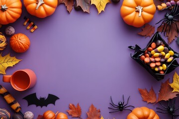 Fototapeta premium Purple Halloween-themed background with pumpkins, leaves, and candy, featuring a blank center for custom text and playful decorations.