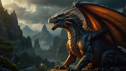 A majestic black dragon with orange wings sits atop a rocky cliff, overlooking a valley with misty mountains in the background.