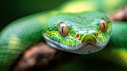 Fototapeta premium A highly detailed view of a green snake's face resting on a tree branch captures the intricate patterns and vivid colors of the reptilian skin.