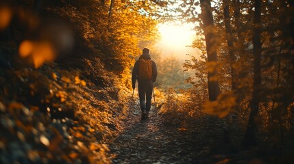A solitary walk through golden autumn woods in the warm evening light