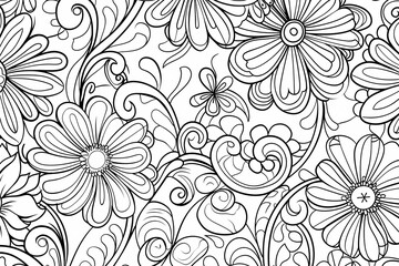 Obraz premium Intricate black and white floral pattern featuring detailed flowers and swirling vines, perfect for coloring and artistic projects.