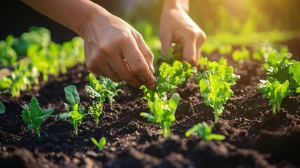 Closeup of Hands Planting Seedlings in a Garden