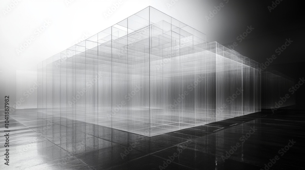 Poster The structure features sleek transparent walls that seem to merge with the fog, providing a delicate ambiance ideal for artistic expression and innovation.