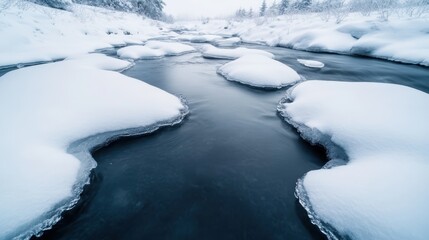 A scenic winter landscape of a river flowing gently between ice-covered banks, showcasing the beauty of nature's quiet elegance in a snowy setting.