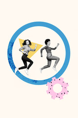 Vertical photo collage of black white girl business partners run promotion concept gearwheel optimization isolated on painted background