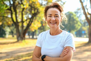 A joyful woman in her 40s or 50s wearing a white shirt, enjoying an outdoor run.