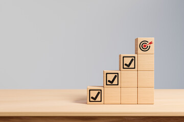 Check mark and dartboard from top of wooden cube stacks, Complete Task list. Goals achievement or enterprise objective target for company success. To do list. Keys for success in business. 3d render