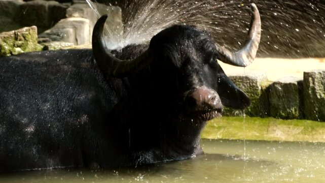 A black ox is in a pond, splashing water. Close-up.