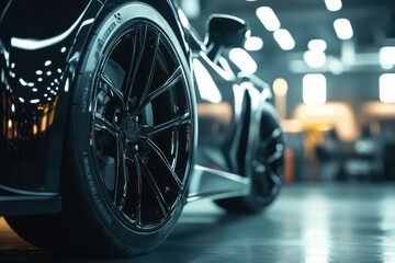 Sleek Black Car Wheel in Modern Garage Space