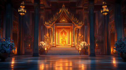 A 3d thai temple mural with soft glowing lights, symbolizing the artistic heritage of thailand. Thai Temple. Illustration