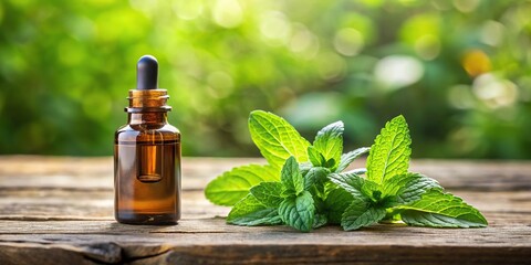 Wooden table with peppermint dropper, amber bottle, mint leaves, minimal plant background