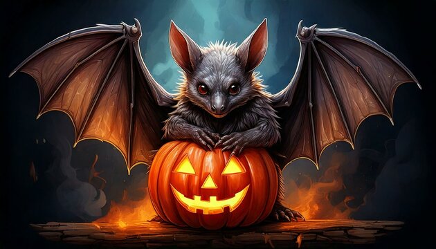 Lampion z dyni obejmowany przez nietoperza