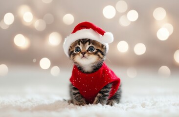 Adorable Kitten in Santa Hat and Red Christmas Dress, Sitting on White Carpet with Bokeh Lights