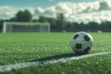 Obraz premium Soccer Ball on Green Field with Goal in Background