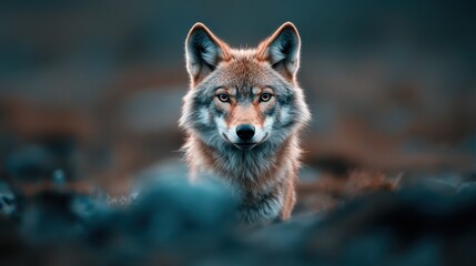 Fototapeta premium A majestic wolf stands attentively in a tranquil wilderness, its sharp eyes focused and fur blending harmoniously with the muted hues of the natural landscape.