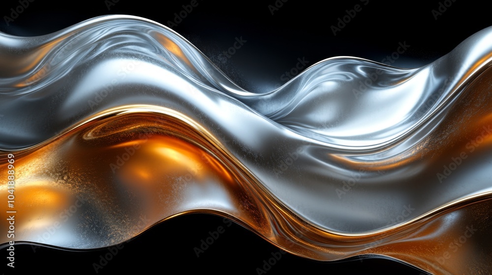 Poster The dynamic movement of smooth metallic waves in silver and bronze. The interplay of light highlights the textures and creates a captivating visual flow, set against a black backdrop.