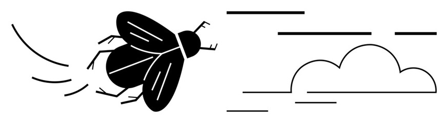 A fly in flight is depicted with motion lines next to a foamy cloud. Ideal for nature, insect studies, simplicity, minimalism, and environmental themes. Simple black-and-white vector style