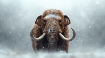 Obraz premium A majestic woolly mammoth stands strong amidst a snowstorm, showcasing its large tusks and thick fur, embodying the resilience of prehistoric life in harsh conditions.