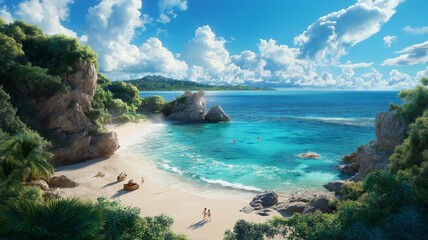 serene beach scene with turquoise waters and lush greenery invites relaxation and adventure