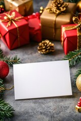 Obraz premium Blank card with gift box holiday ornament on table for greeting card poster design.