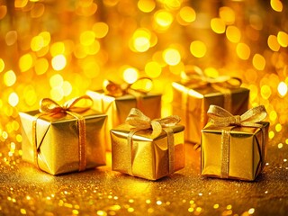 Golden Gift Boxes on Yellow Background with Blurred Lights for Celebratory Moments
