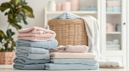 A set of clean, folded clothes arranged in neat stacks, with a laundry basket and fresh towels in the background, creating an organized look. --chaos