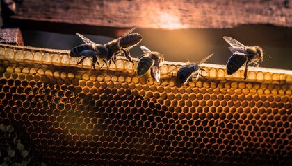 A close up view of a honeycomb with honey bees on and around the hive; a focused view of bees on a honeycomb at a bee farm; selective focus; blurred background; dramatic lighting and macro view