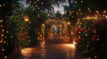 A Magical Pathway of Lights Surrounded by Lush Greenery and Flowers