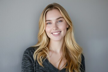 Fototapeta premium Portrait of a young blonde woman smiling warmly, dressed casually, with a plain background highlighting her expression.