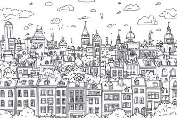 minimalist city scape background for kids coloring book, large coloring spaces, crisp black lines, white background