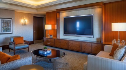 Fototapeta premium A sleek TV mounted on a wall in a room with modern furnishings, subtle lighting, and a stylish media console below. The TV is off, reflecting light. --chaos