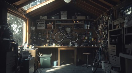 Fototapeta premium A cozy workshop filled with tools, light, and a bicycle on the wall. Perfect for DIY projects and creative hobbies in a serene setting.