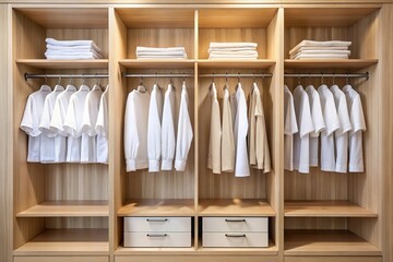 Wooden wardrobe with neatly organized white clothes
