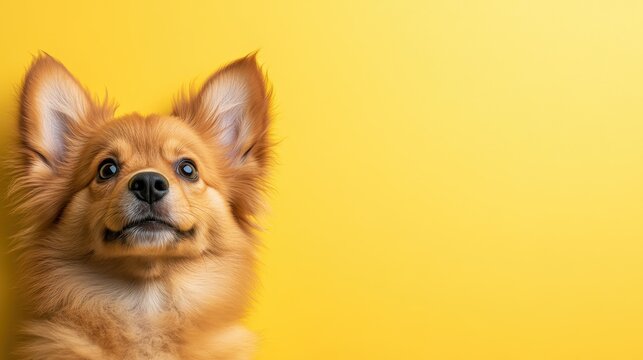 A close-up portrait of a fluffy, adorable dog with alert ears and expressive eyes, against a bright, cheerful yellow backdrop, radiating joy and warmth.