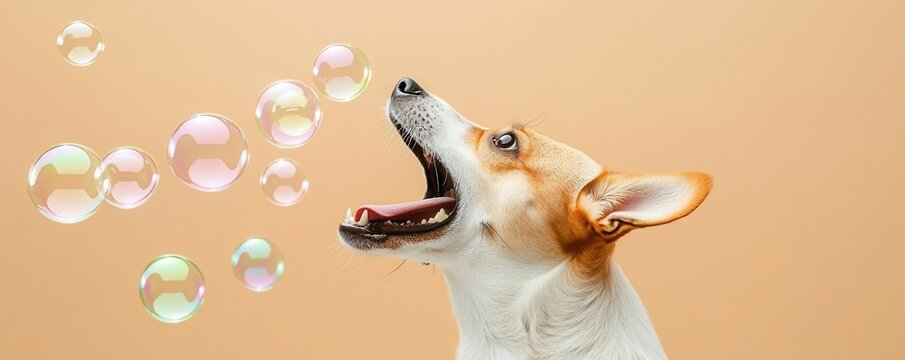 Playful dog chasing colorful bubbles on neutral background