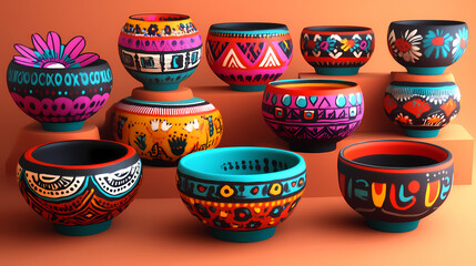 A display of colorful bowls with flowers and other designs. Zulu Tribe. Illustration