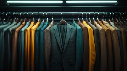 Obraz premium A variety of suits in different colors hang neatly on a clothing rack, showcasing a vibrant selection of formal attire under a bright overhead light.